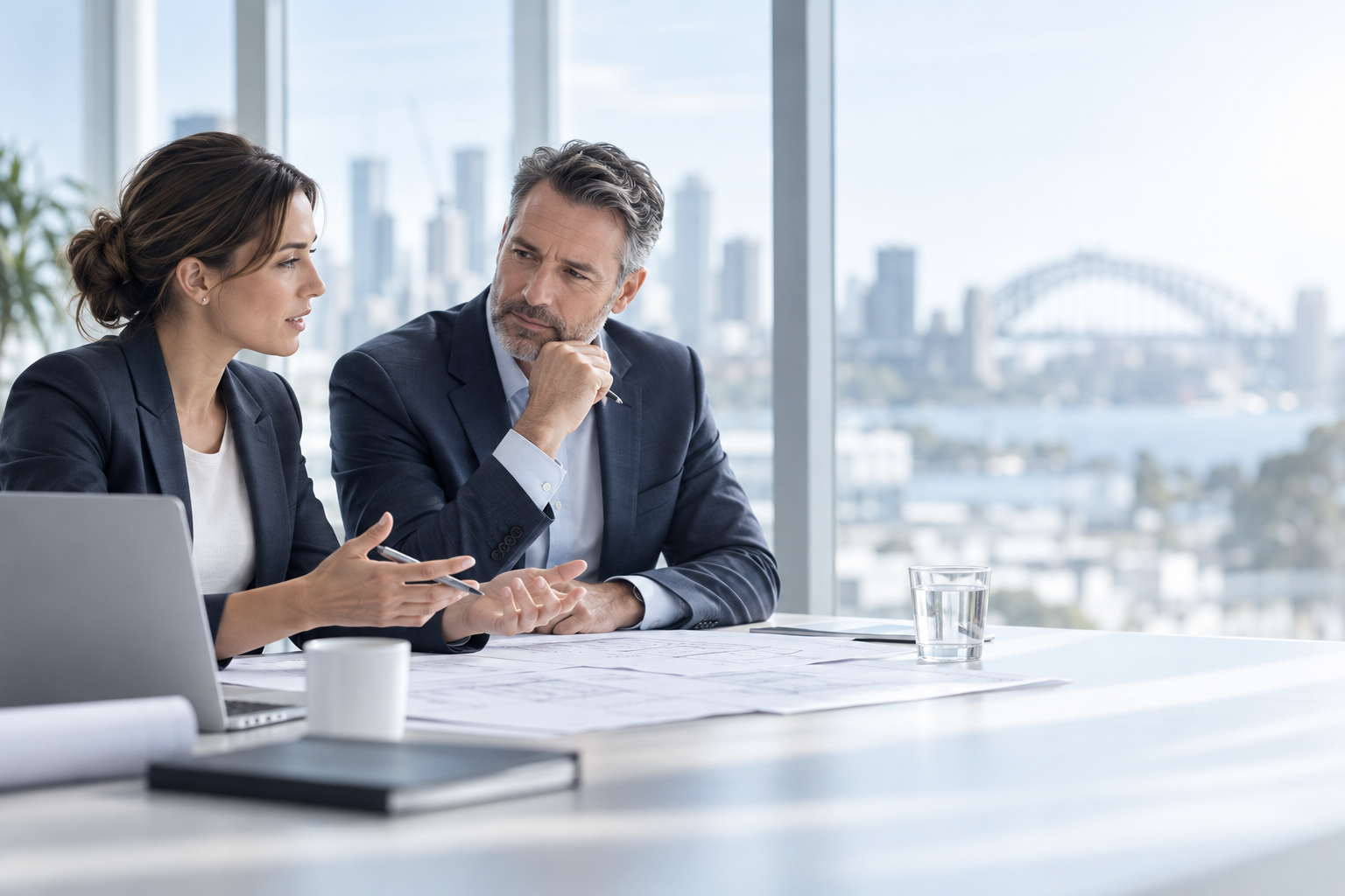 Two professionals having a thoughtful conversation in a bright office