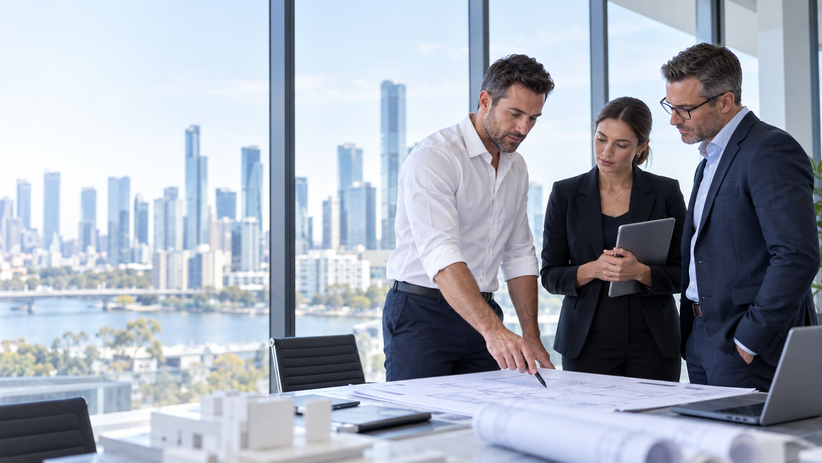 Business and project leaders in a bright office discussing plans